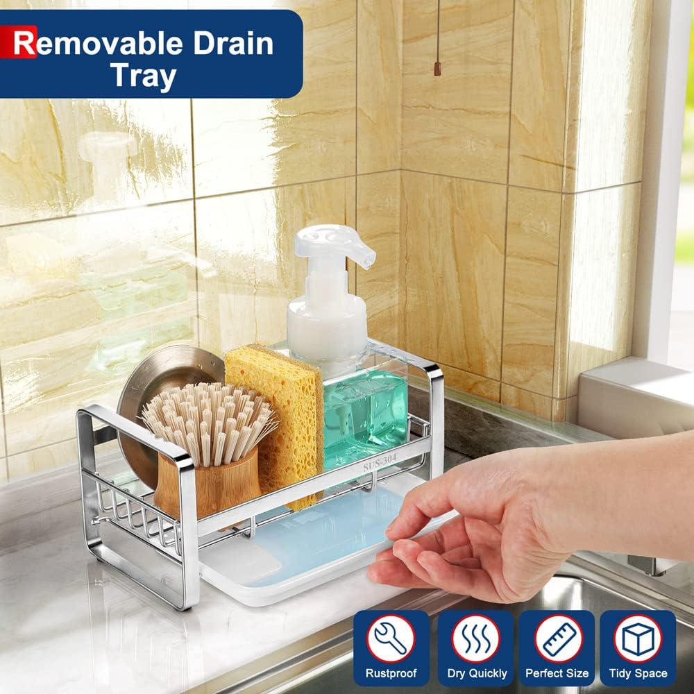 Kitchen Sink Sponge Holder, 304 Stainless Steel Kitchen Soap Dispenser Caddy Organizer, Countertop Soap Dish Rack Drainer with Removable Drain Tray, not Including Dispenser and Brush | Removable Drain Tray, Holds Sponges Soap Bottles Brushes, Countertop S - view 3