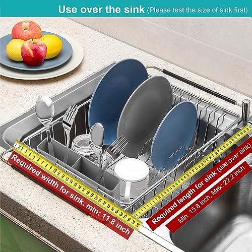 Expandable Multifunctional Dish Drying Rack, Over The Sink, in Sink Or On Counter Dish Drainer Basket Organizer Shelf with Removable Grey Utensil Silverware Holder, Rustproof Stainless Steel - view 4