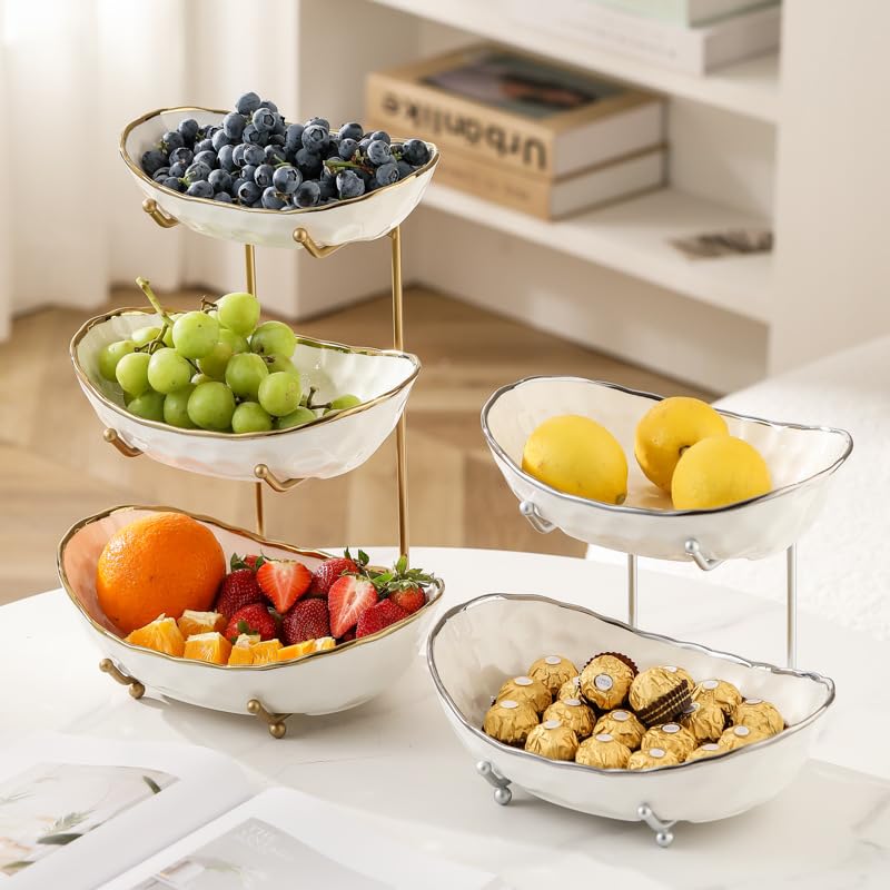 White Fruit Bowl with Gold Metal Stand, 3 Tier Modern Ceramic Fruit Bowl Fruit Rack for Kitchen Counter, Tiered Fruit Basket for Snacks Bread Candy Storage (White,3 Tier) - view 4