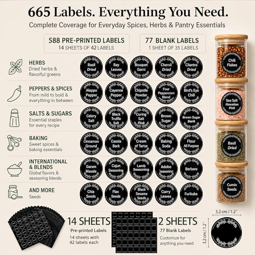 665 Spice Labels Book with A-Z Index, Black Round Pantry Stickers - view 6