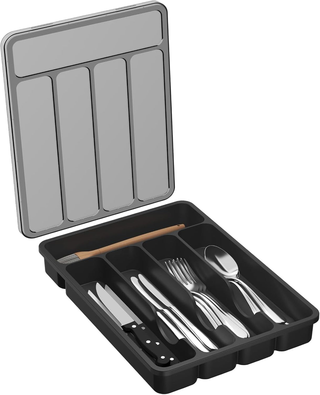 Silverware organizer with lid, covered utensil tray for kitchen drawer and countertop, plastic cutlery and flatware storage box for spoons forks knives holder case, 23 x 32 cm, black