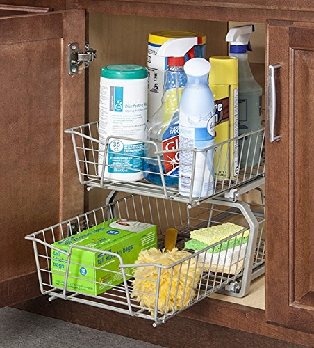 11 in. Pull Out Cabinet Organizer, 2 Tier, Heavy Duty, Slide Out Pantry Shelves Drawers for Kitchen, Bathroom, Nickel - view 3