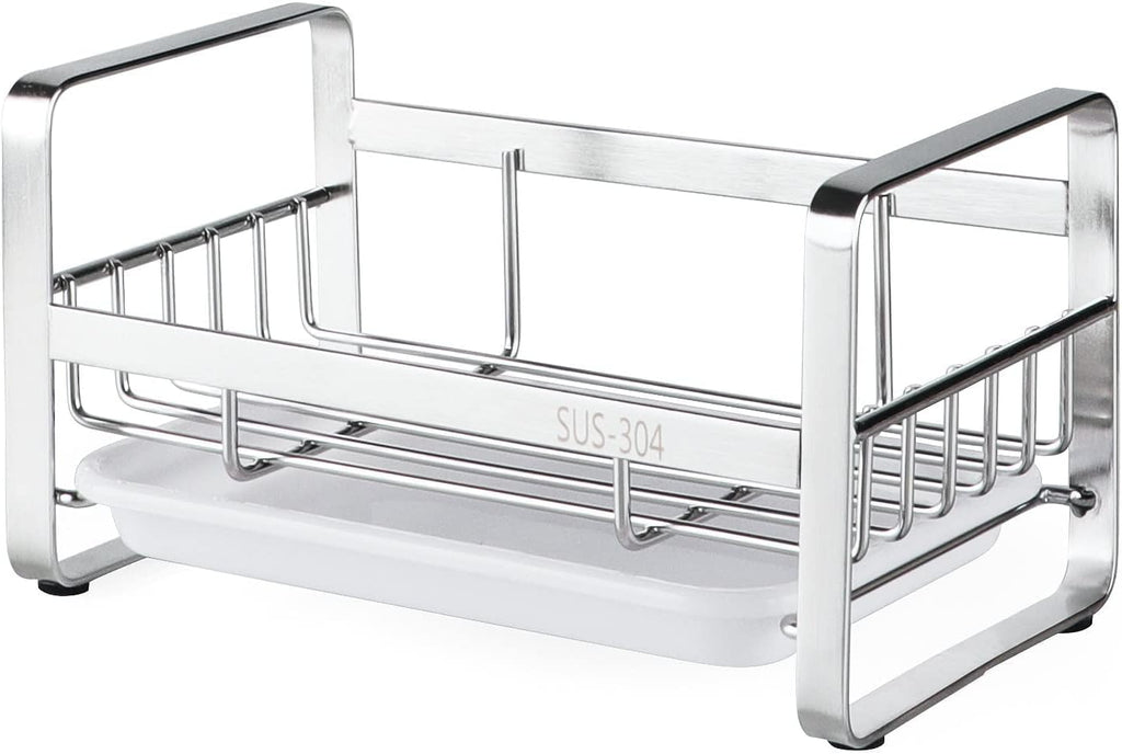Kitchen Sink Sponge Holder, 304 Stainless Steel Kitchen Soap Dispenser Caddy Organizer, Countertop Soap Dish Rack Drainer with Removable Drain Tray, not Including Dispenser and Brush | Removable Drain Tray, Holds Sponges Soap Bottles Brushes, Countertop S - view 2