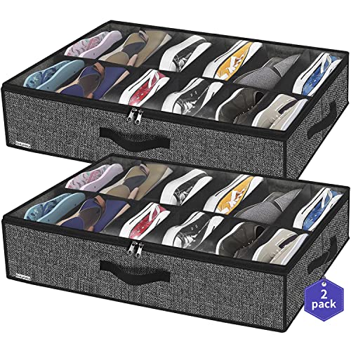 Sturdy Under Bed Shoe Storage Organizer, Set of 2, Fit 12 to 24 Pairs, Underbed Shoes Closet Storage Solution with Clear Window, Breathable, L29.3 x W23.6 x H5.9, Linen-like Black, MXAUBSB2P