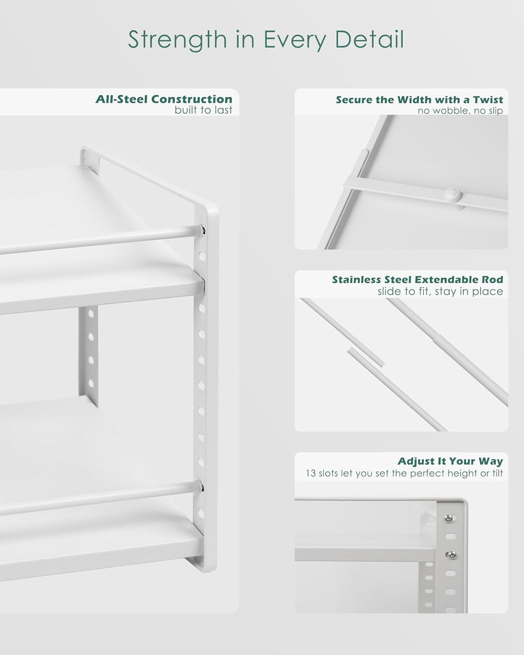 Expandable Cabinet Shelf Organizer, 2-Tier Countertop Storage Riser | Heavy-Duty Metal, Holds 80 lb, Adjusts Wide, 13 Height Slots, Tilt Option, for Kitchen, Pantry & Cupboard, Under Sink, White - view 5