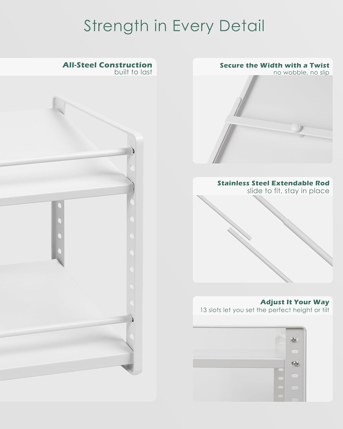 Expandable Cabinet Shelf Organizer, 2-Tier Countertop Storage Riser | Heavy-Duty Metal, Holds 80 lb, Adjusts Wide, 13 Height Slots, Tilt Option, for Kitchen, Pantry & Cupboard, Under Sink, White - view 5