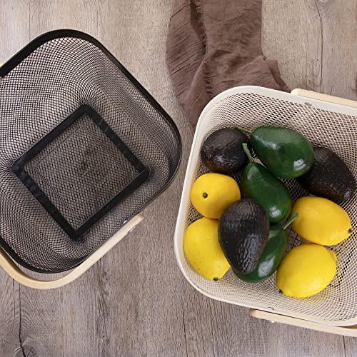 Square Metal Wire Woven Fruit Storage Bowl Basket with Wooden Handle, Large Black Mesh Fruit Stand, Multi-function Hanging Kitchen Baskets (Black, Normal 4PCS) - view 7