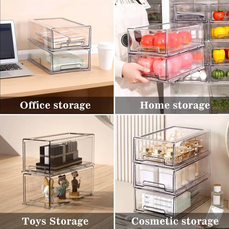 2Pack Clear Fridge Drawers Pull Out Stackable Refrigerator Drawer Organizer Bins Pantry Storage Box Plastic Food Containers for Kitchen Bathroom Office Closet (2pack Large) - view 6