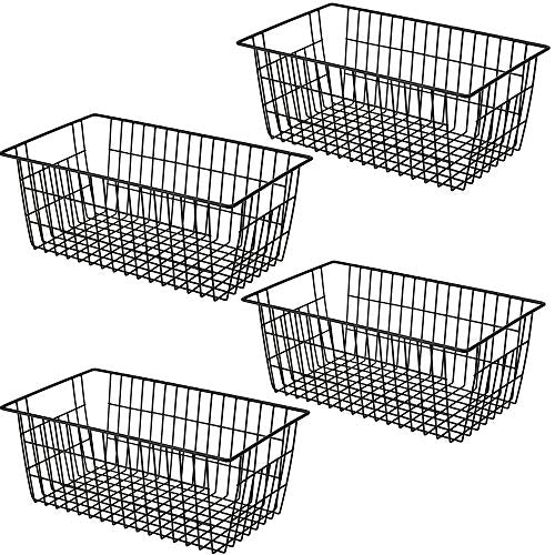 Freezer Basket Organizer, Refrigerator Metal Wire Storage Divider, Household Container Bins with Handles for Kitchen, Bathroom, Office, Camping, Black,Set of 4