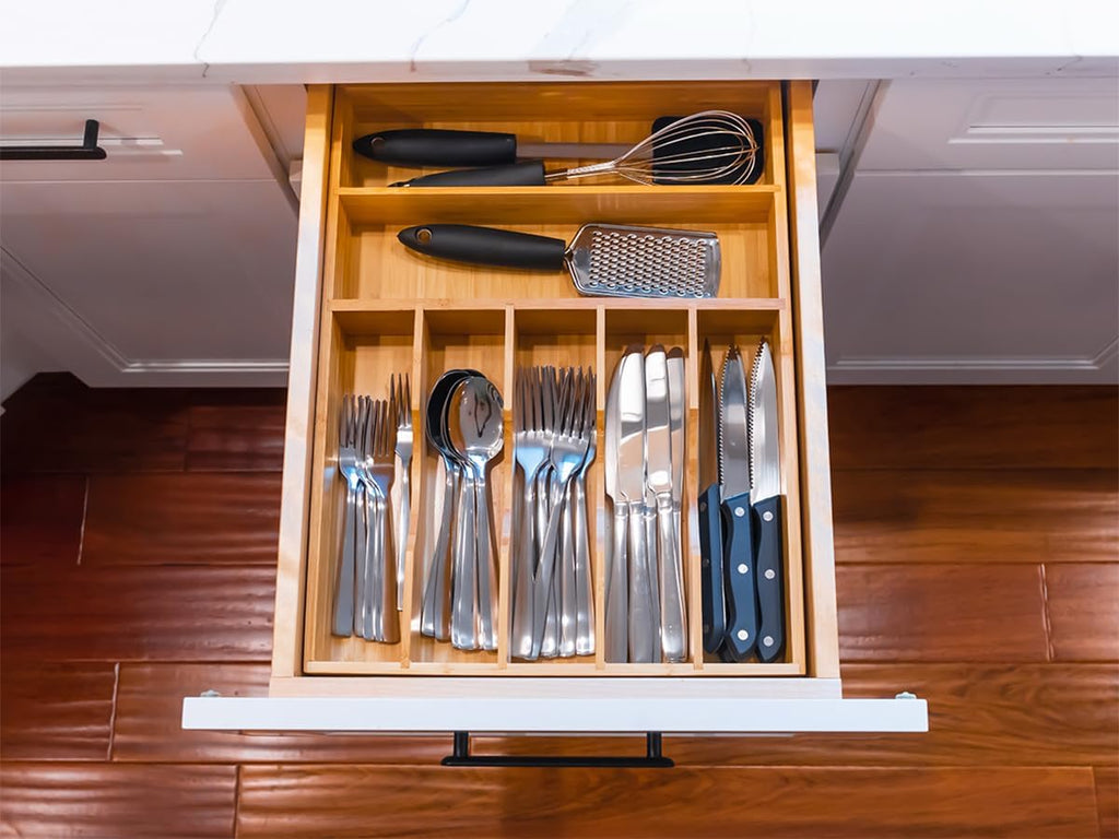 Bamboo kitchen drawer organizer, 13 inch silverware utensil tray holder, extra deep grooved drawer divider, 7 slots total bamboo wood caddy for flatware cutlery knives, forks, spoons - view 7