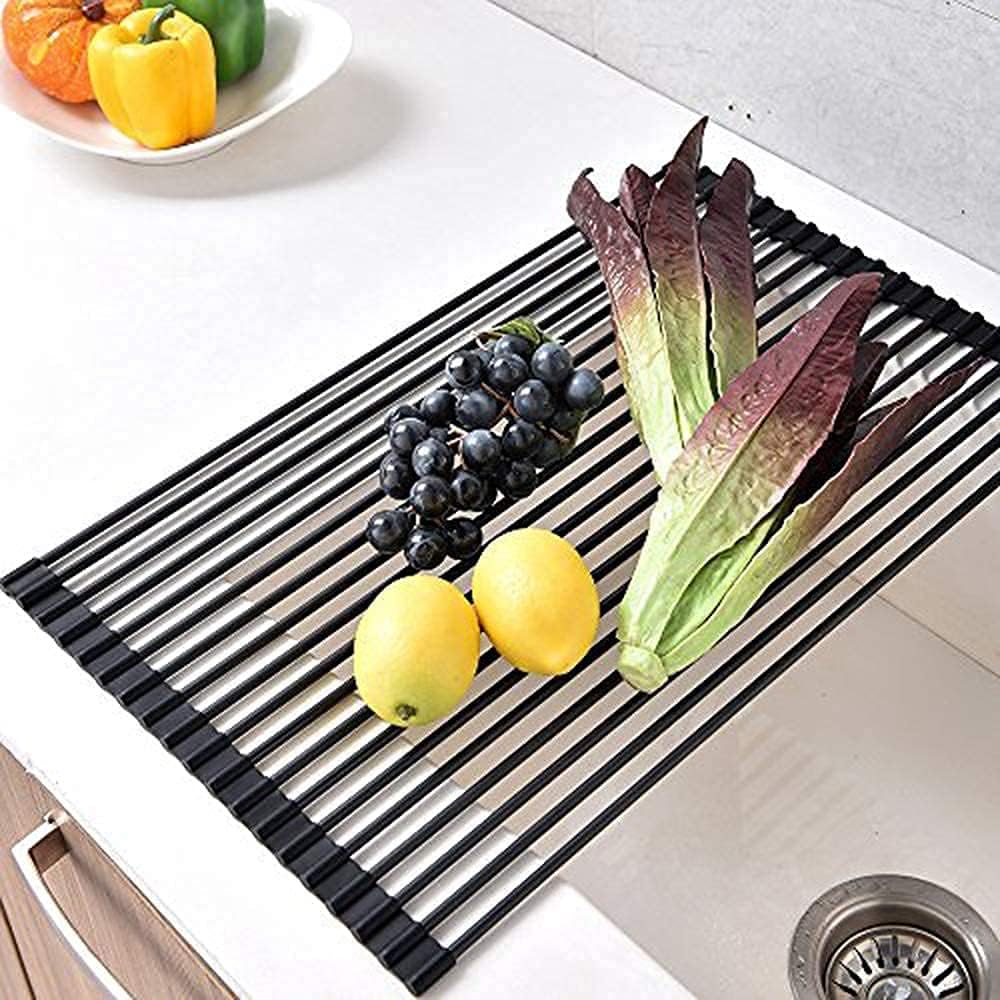 Large Roll up Dish Drying Rack Foldable Dish Rack Over Sink Dish Drainer Roll-up Sink Drying Rack Full Silicone Coated Stainless Still Dish Drying Rack (Matte Black, 20.5''X13.13'')