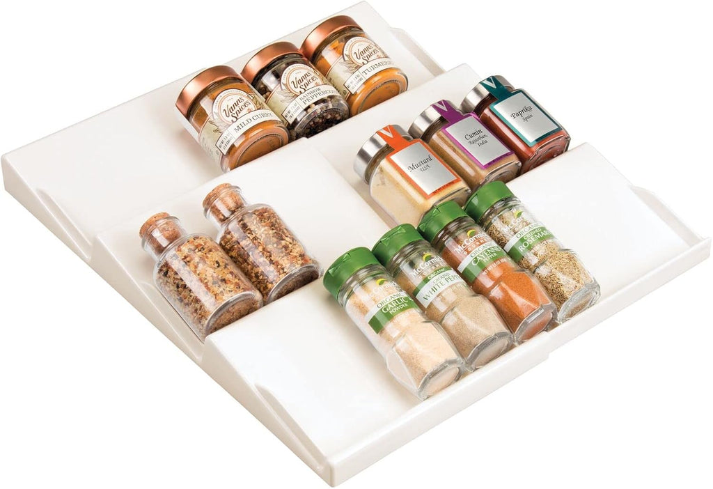 Expandable Plastic Deluxe Spice Rack, Drawer Organizer for Kitchen Cabinet Drawers, 3 Tier Slanted for Spice Jars, Food Seasoning Bottle Storage, Ligne Collection - Cream/Beige