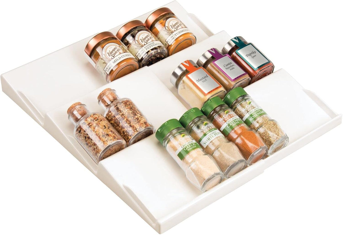 Expandable Plastic Deluxe Spice Rack, Drawer Organizer for Kitchen Cabinet Drawers, 3 Tier Slanted for Spice Jars, Food Seasoning Bottle Storage, Ligne Collection - Cream/Beige