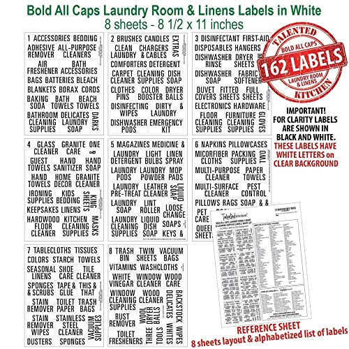 162 Bold All Caps Laundry Room Labels Set. White Labels on Clear Backing,. 162 Laundry, Linen Closet & Cleaning Supplies Vinyl Stickers. Organization Storage System - view 3