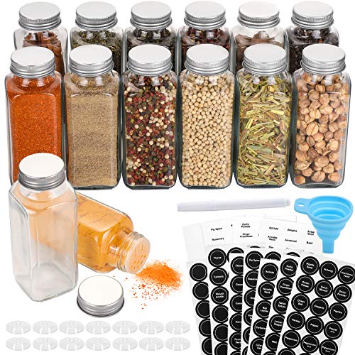 14 Pcs Glass Spice Jars with Spice Labels - 8oz Empty Square Spice Bottles - Shaker Lids and Airtight Metal Caps - Chalk Marker and Silicone Collapsible Funnel Included
