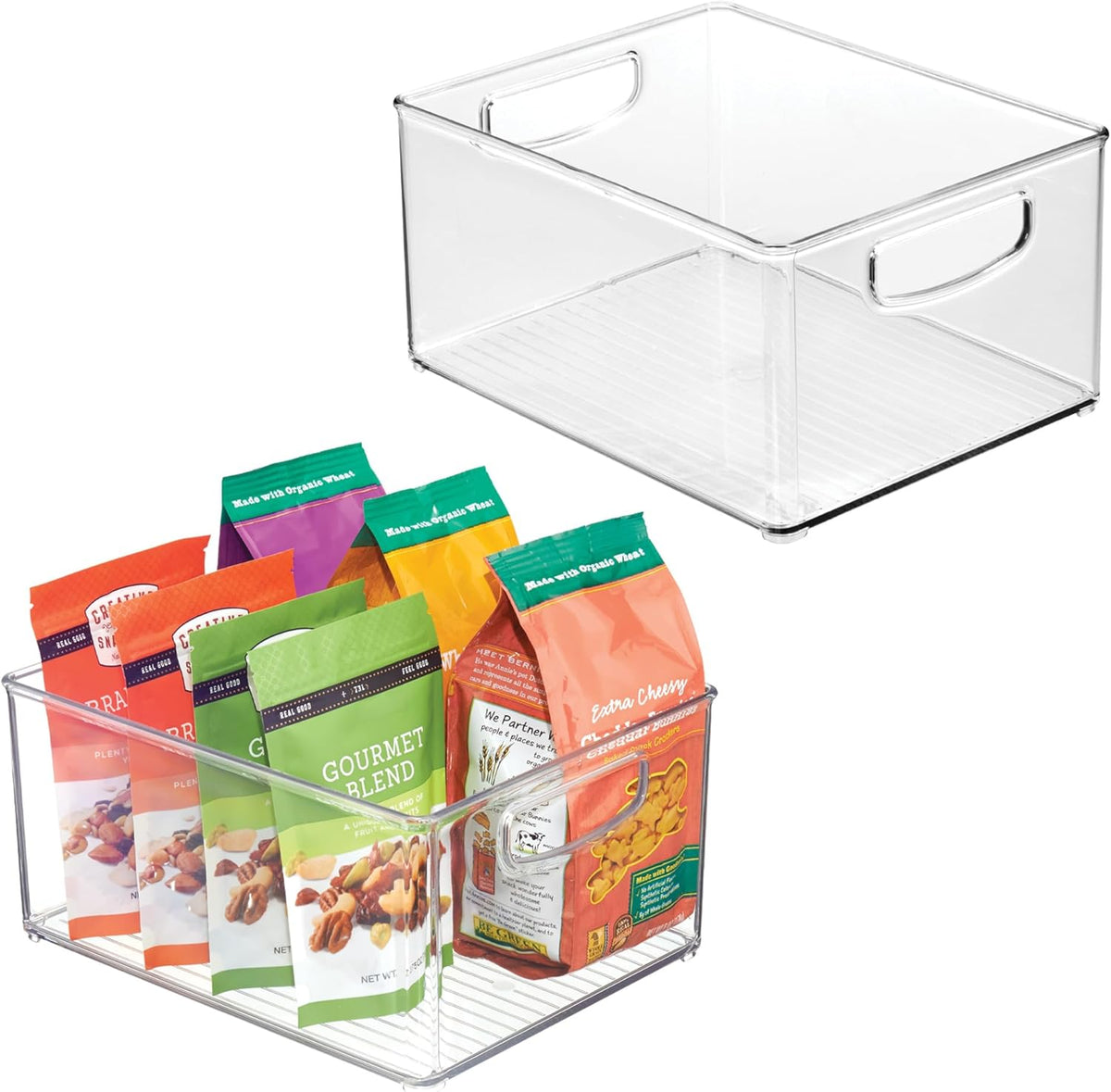 Stackable Clear Plastic Bin with Handles, 2-Pack | Kitchen Organizers and Storage, For Fridge and Pantry