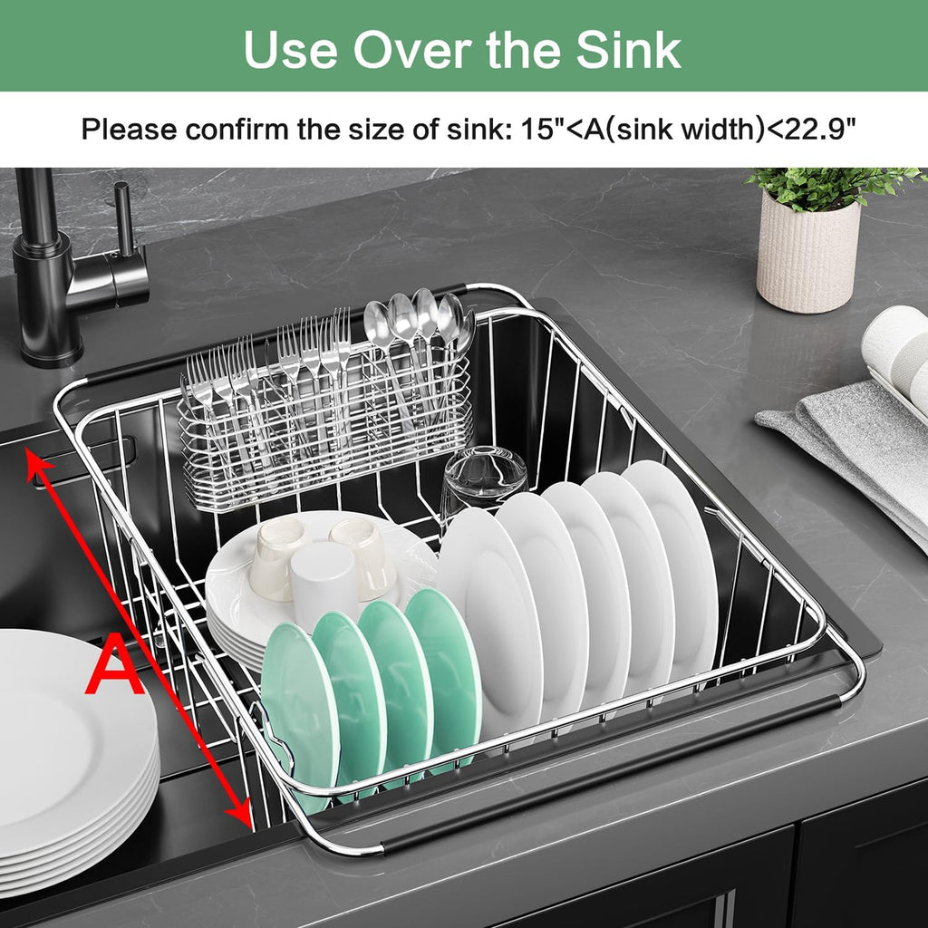 Large Dish Drainer Rack in Sink Adjustable, Expandable 304 Stainless Steel Metal Dish Drying Rack Organizer with Stainless Steel Utensil Holder Over Inside Sink Counter, Rustproof - view 3
