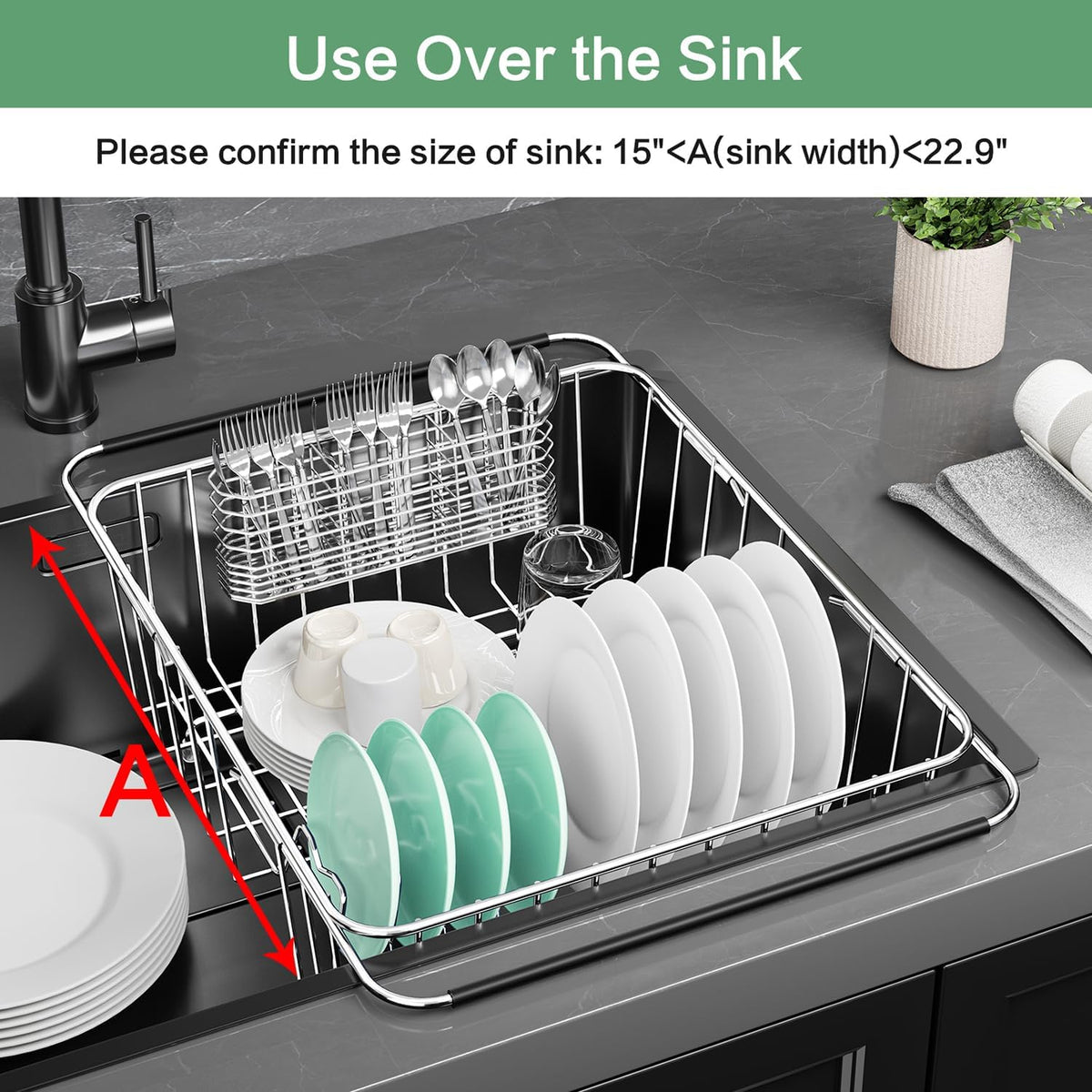 Large Dish Drainer Rack in Sink Adjustable, Expandable 304 Stainless Steel Metal Dish Drying Rack Organizer with Stainless Steel Utensil Holder Over Inside Sink Counter, Rustproof - view 3