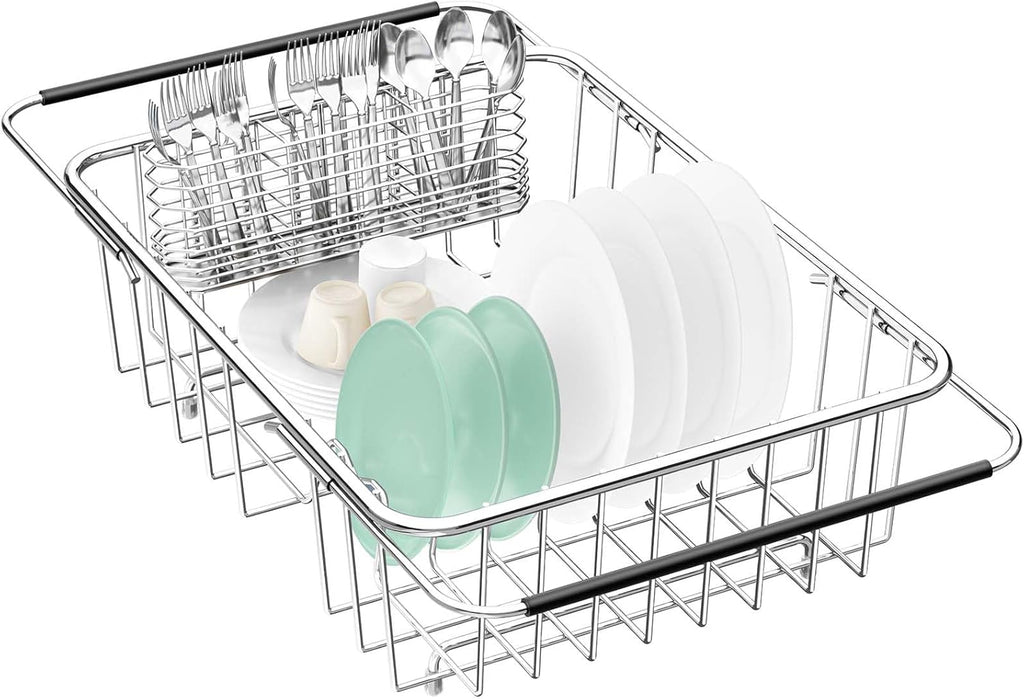 Large Dish Drainer Rack in Sink Adjustable, Expandable 304 Stainless Steel Metal Dish Drying Rack Organizer with Stainless Steel Utensil Holder Over Inside Sink Counter, Rustproof - view 8