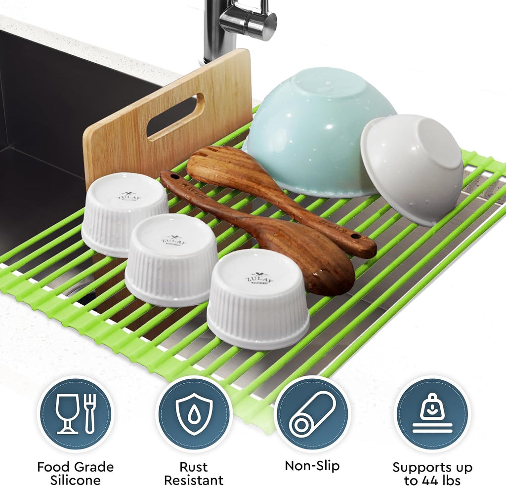 Zulay Kitchen Large Roll Up Dish Drying Rack - Heavy Duty Silicone Wrapped Steel Rods Over Sink Dish Drying Rack - Versatile Roll Up Sink Drying Rack & Trivet - Green,20.5 inches x 13 inches - view 8