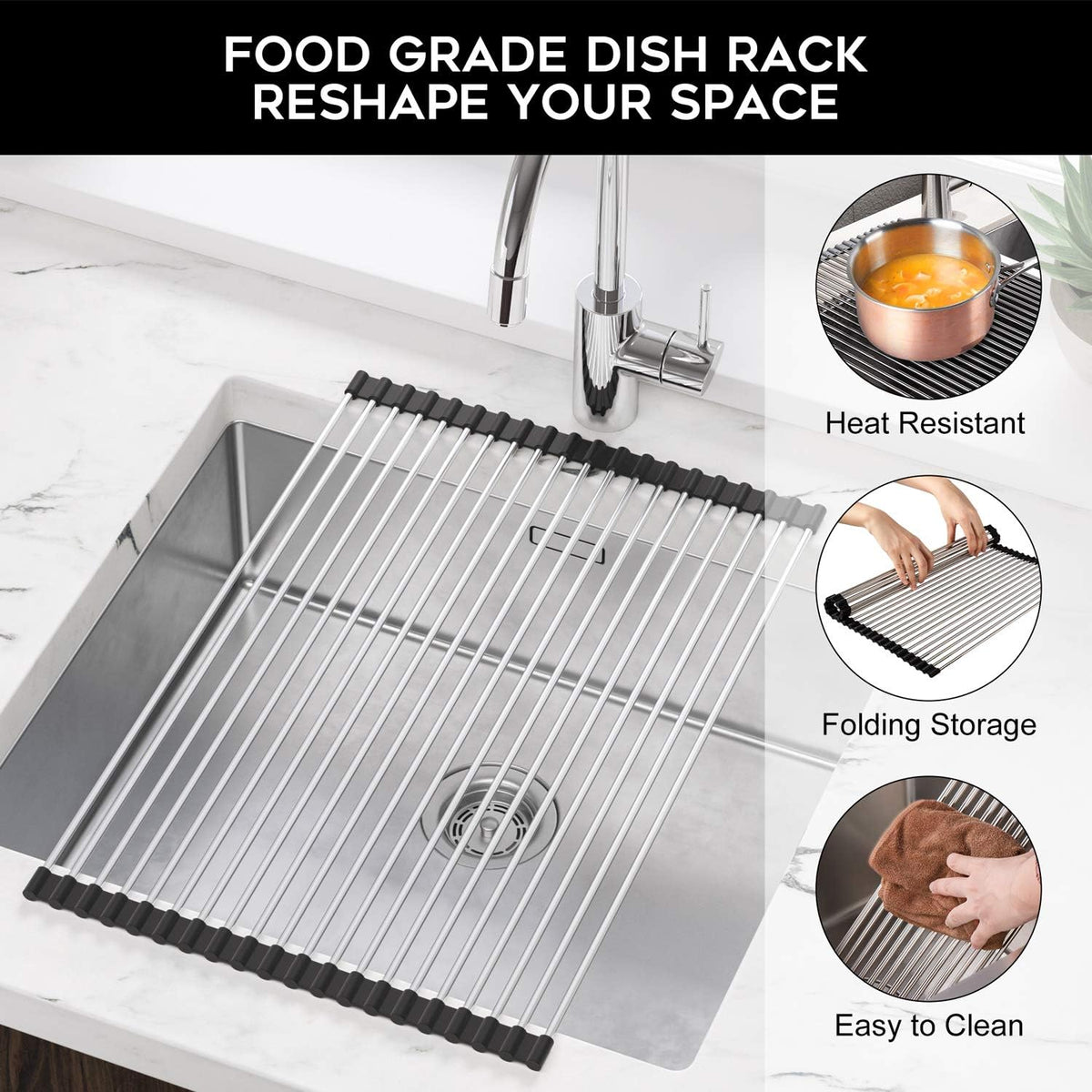 SunCleanse Roll Up Dish Drying Rack, Over The Sink Dish Drying Rack Kitchen Rolling Dish Drainer, Foldable Sink Rack Mat for Kitchen Sink Counter (17.8"x11.8") | Kitchen counter mat, rolling design, stainless steel, multipurpose, space-saving and stable - view 3
