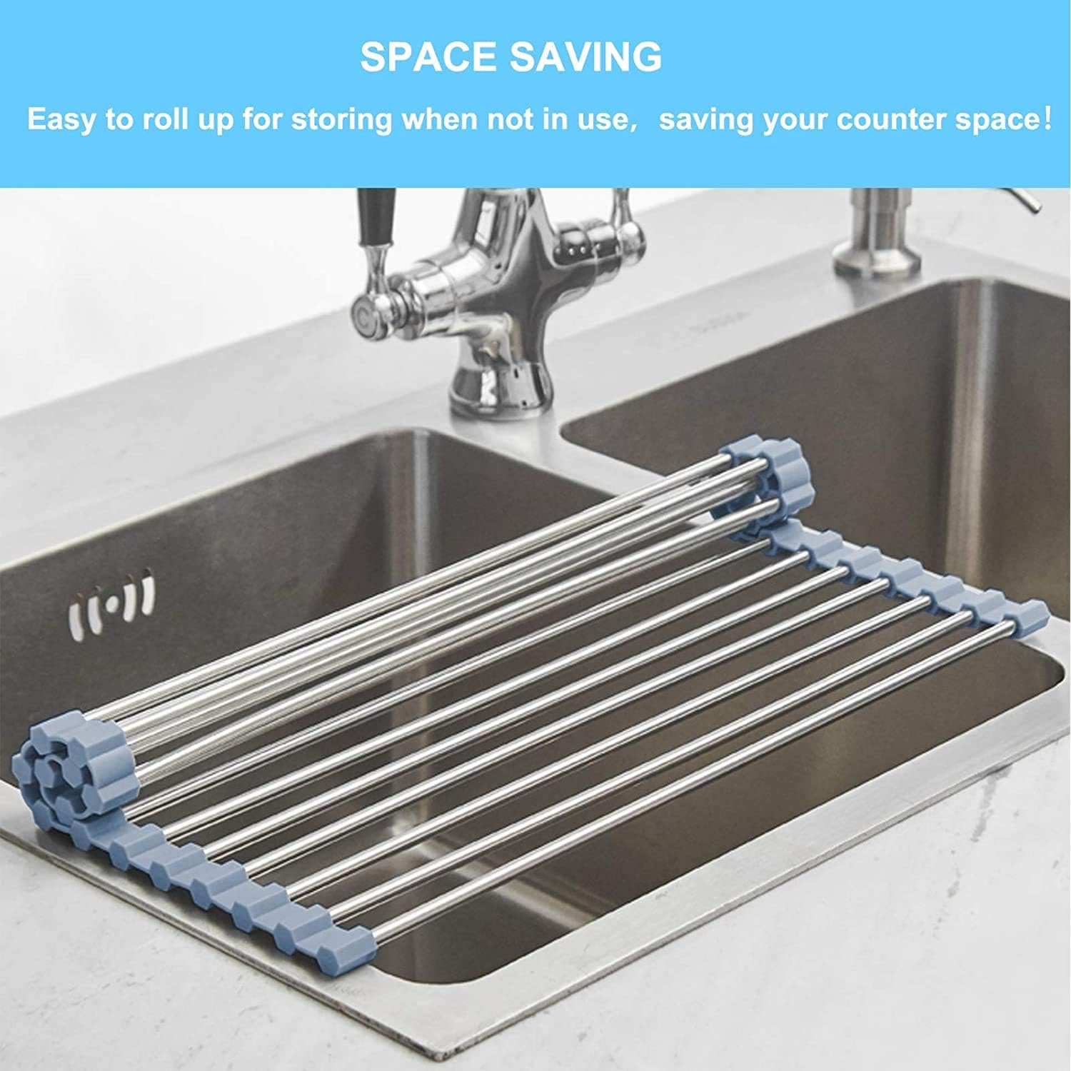 Roll Up Dish Drying Rack, Over the Sink Dish Drying Rack Kitchen Rolling Dish Drainer, Foldable Sink Rack Mat Stainless Steel Wire Dish Drying Rack for Kitchen Sink Counter Storage 17.5x11.8 - view 3