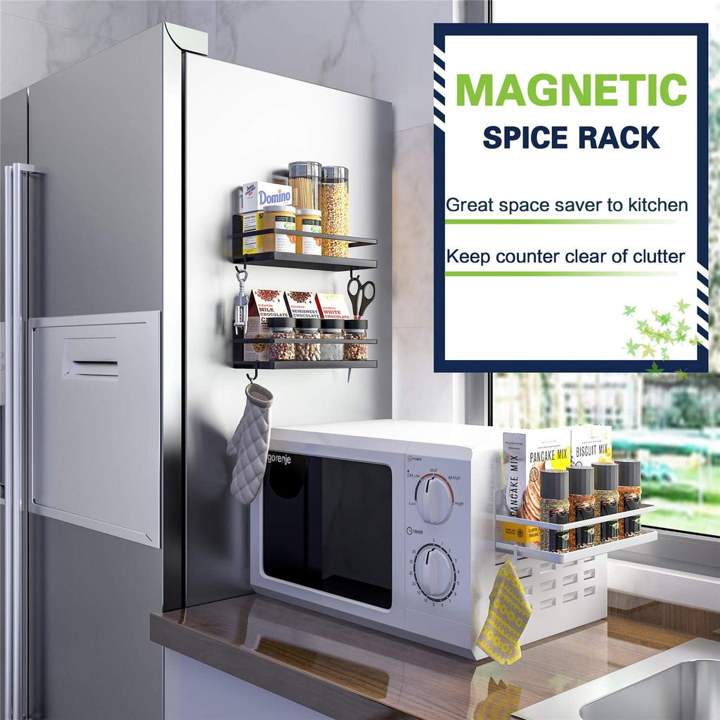 Magnetic spice rack, strong magnetic shelf with 2 removable hooks, perfect space saver for small kitchen/ apartment, awesome metal cabinet for holding spices, jars, salt (white, 2 pack) - view 5