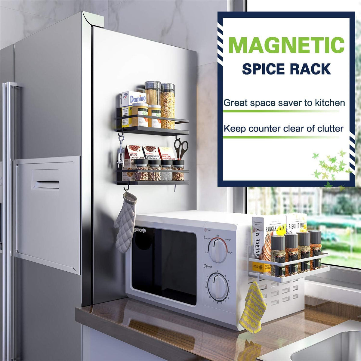 Magnetic spice rack, strong magnetic shelf with 2 removable hooks, perfect space saver for small kitchen/ apartment, awesome metal cabinet for holding spices, jars, salt (white, 2 pack) - view 5