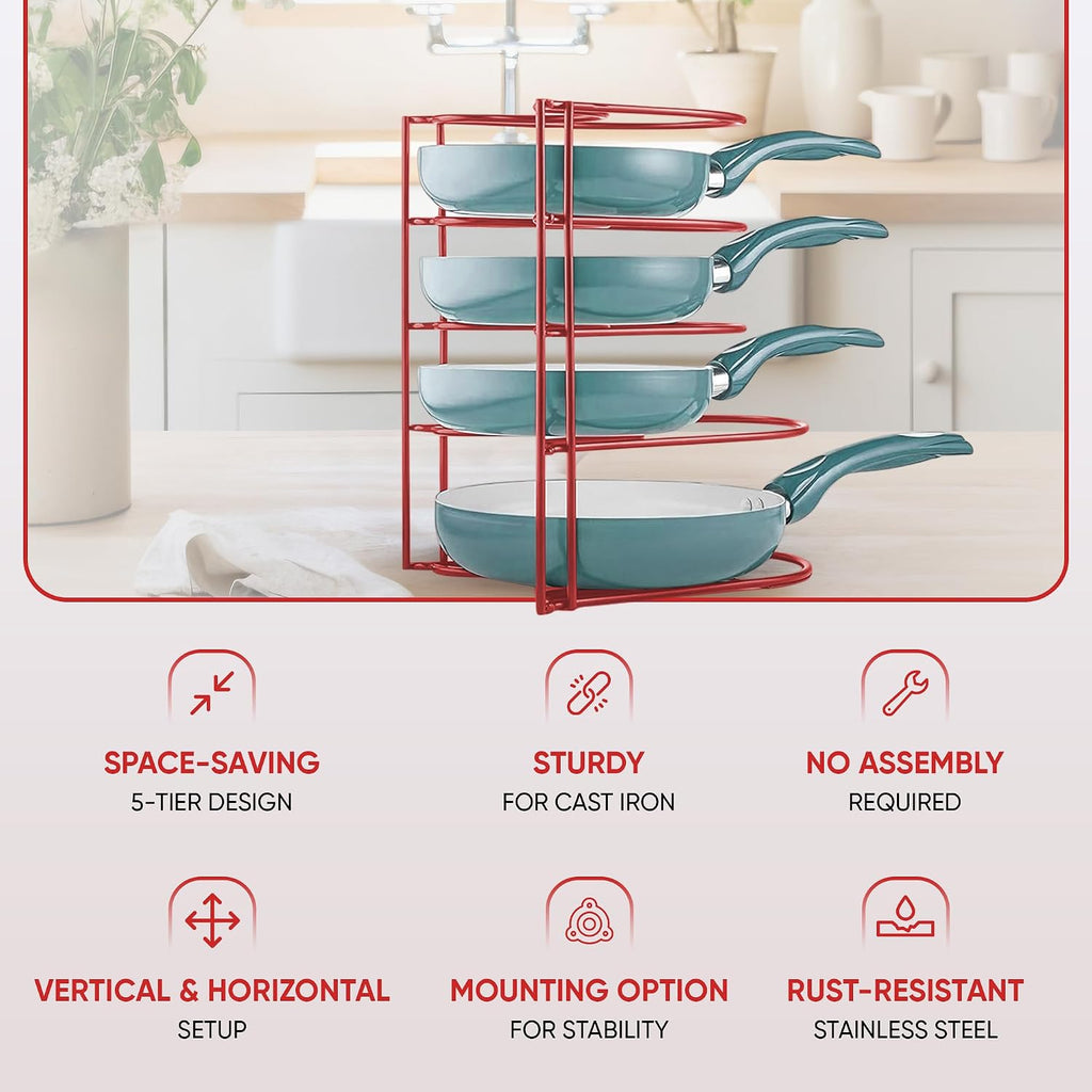Heavy-duty pots and pans organizer | 5-tier cookware & lid storage rack | free-standing or wall-mount | kitchen organizer for cast iron skillets, pots, frying pans, lids | red - view 4