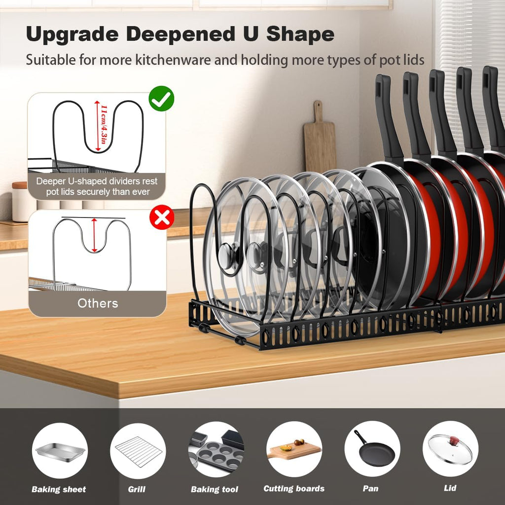 Pot and Pan Lid Organizer Holder Storage Rack, Black | 12"-23" Expandable, 14 Adjustable Dividers, Sturdy Metal Construction, Easy Assembly - view 2