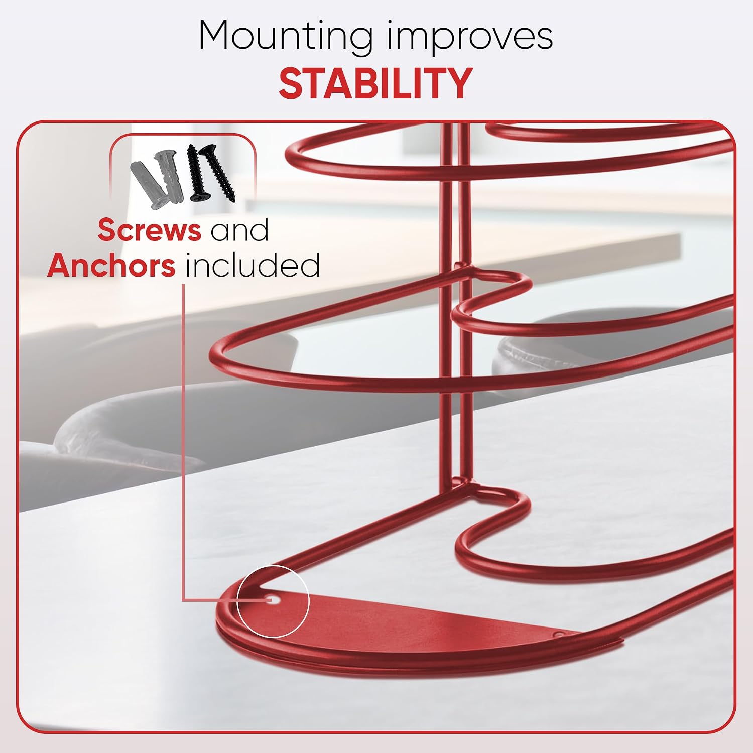 Heavy-duty pots and pans organizer | 5-tier cookware & lid storage rack | free-standing or wall-mount | kitchen organizer for cast iron skillets, pots, frying pans, lids | red - view 7