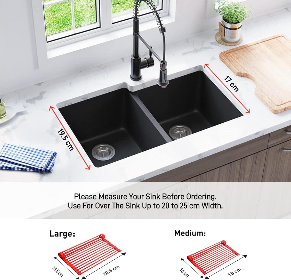 Over Sink Dish Drying Rack, Dish Drying Mat | Collapsible Dish Drying Rack for Kitchen Counter, Heat Resistant Stainless Steel & Silicone Drying Rack, Dish Drainer (Red, Medium) - view 2