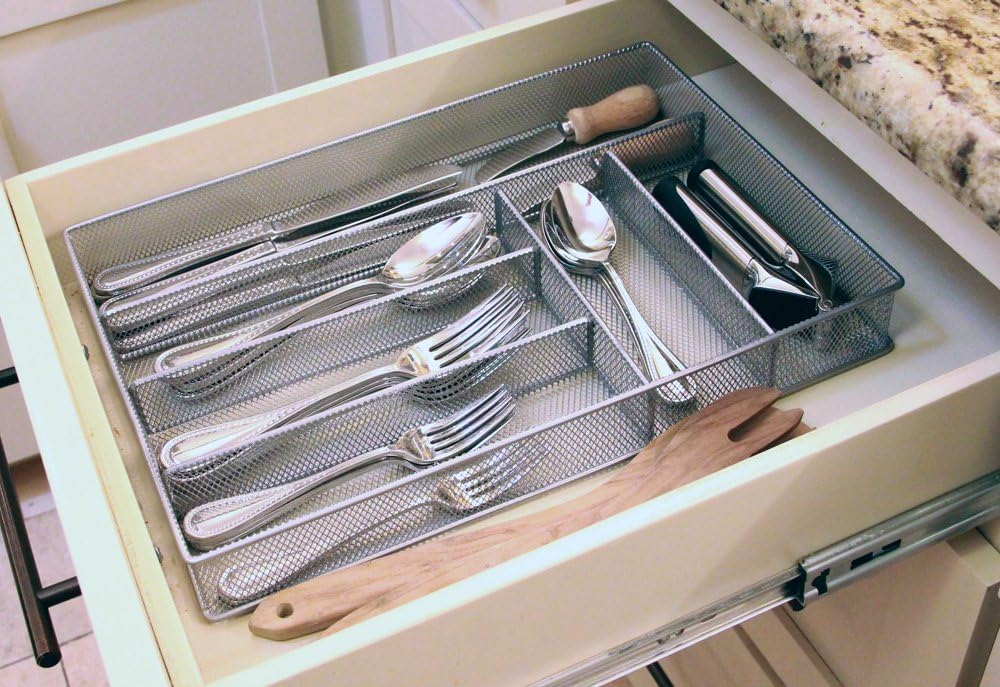 Mesh Large Cutlery Tray with Foam Feet - 6 Compartments - Kitchen Organization/Silverware Storage Utensil Flatware Tray - view 2