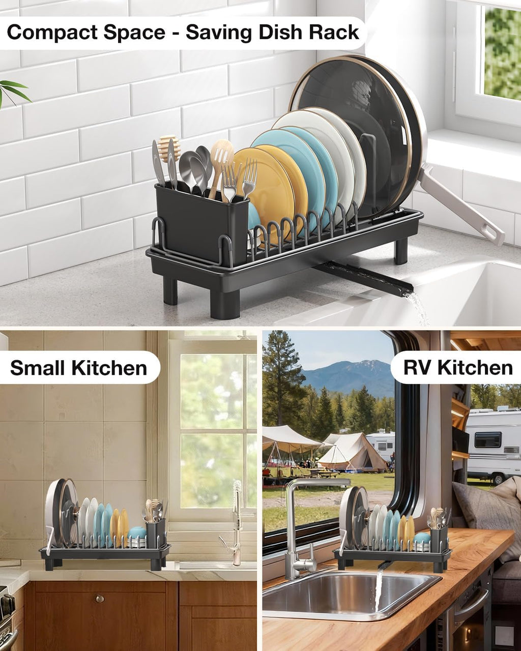 Small Dish Drying Rack with Drainboard, Compact for Kitchen Counter, Black | Rustproof carbon steel with rotating spout, adjustable slots, removable utensil caddy. Space-saving - view 8
