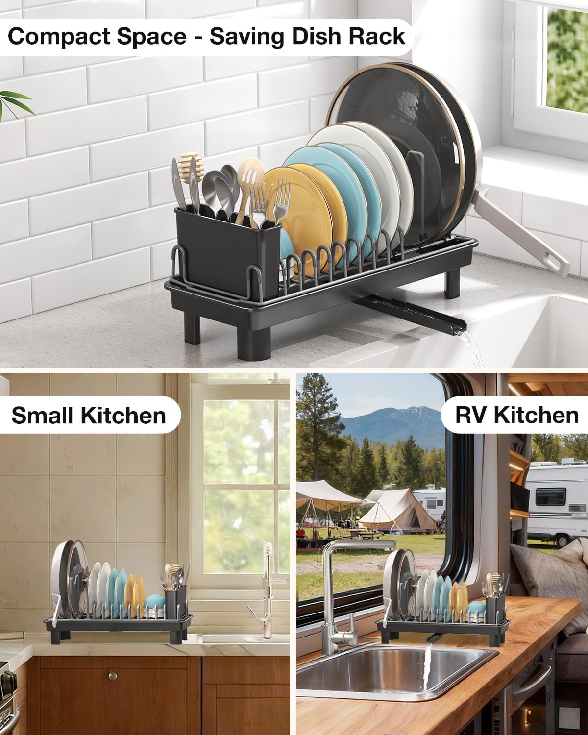Small Dish Drying Rack with Drainboard, Compact for Kitchen Counter, Black | Rustproof carbon steel with rotating spout, adjustable slots, removable utensil caddy. Space-saving - view 8