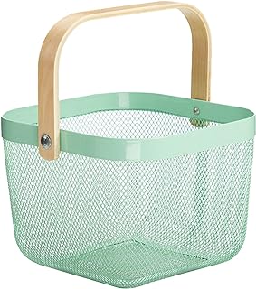 AJIODA Metal Mesh Steel Basket, Storage Organizer Basket Multi-functional Hanging Kitchen Baskets Fruit Basket with Wooden Handle for Kitchen Bathroom Picnic Shopping Decor Cabinet Home, Macaron Blue