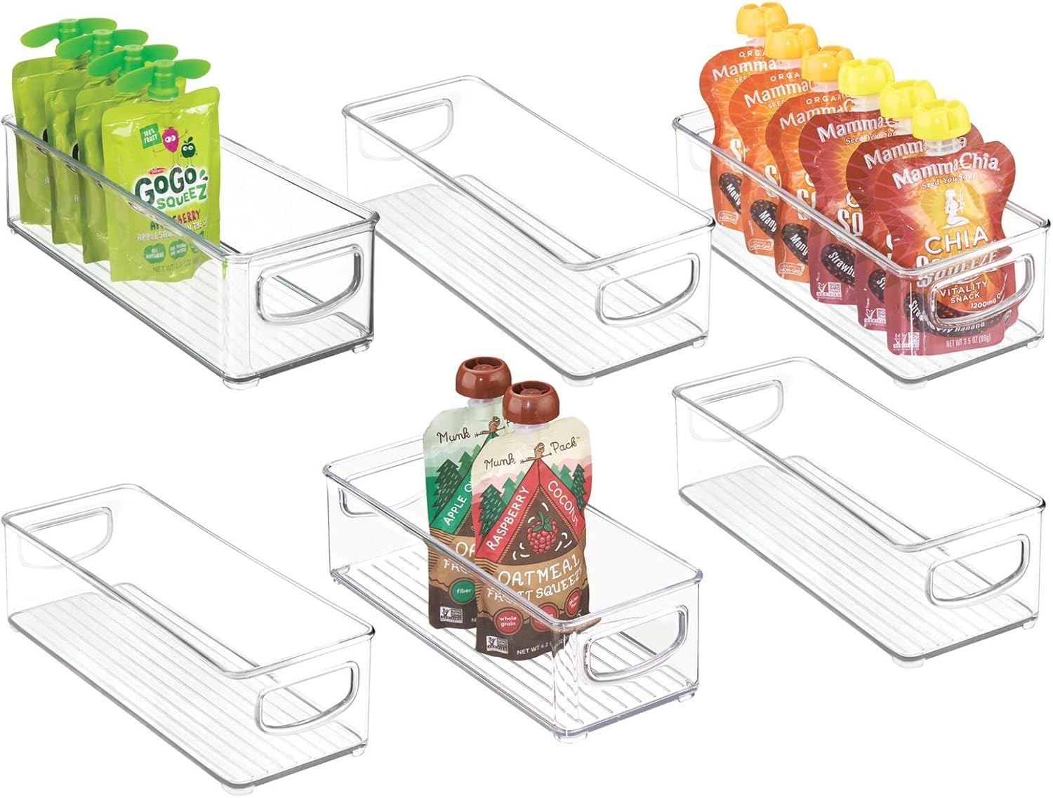 Plastic Stackable Small Organizing Bin Kitchen Pantry Cabinet, Refrigerator, Freezer Food Organization Storage Bins with Handles, Drawer Container Organizer, Ligne Collection, 6 Pack - Clear