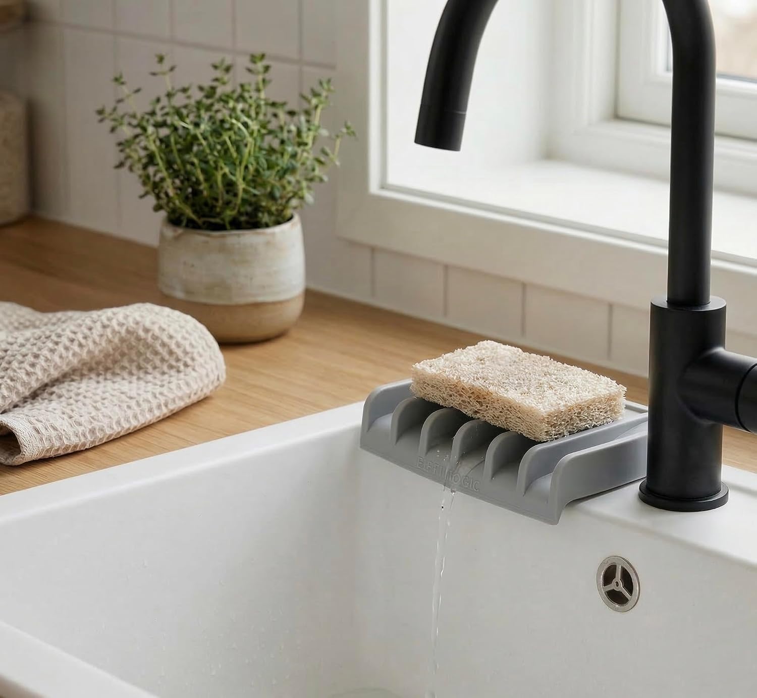 Silicone sponge holder, soap dish, self draining kitchen sink organizer, kitchen accessories, medium grey - view 2