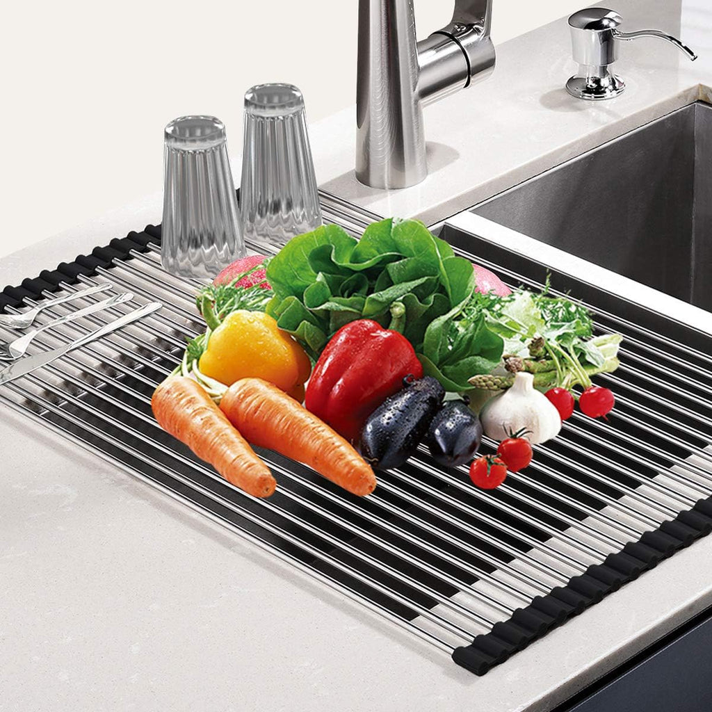SunCleanse Roll Up Dish Drying Rack, Over The Sink Dish Drying Rack Kitchen Rolling Dish Drainer, Foldable Sink Rack Mat for Kitchen Sink Counter (17.8"x11.8") | Kitchen counter mat, rolling design, stainless steel, multipurpose, space-saving and stable - view 6