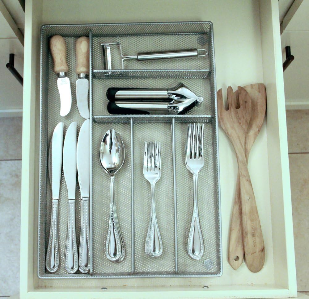 Mesh Large Cutlery Tray with Foam Feet - 6 Compartments - Kitchen Organization/Silverware Storage Utensil Flatware Tray - view 3