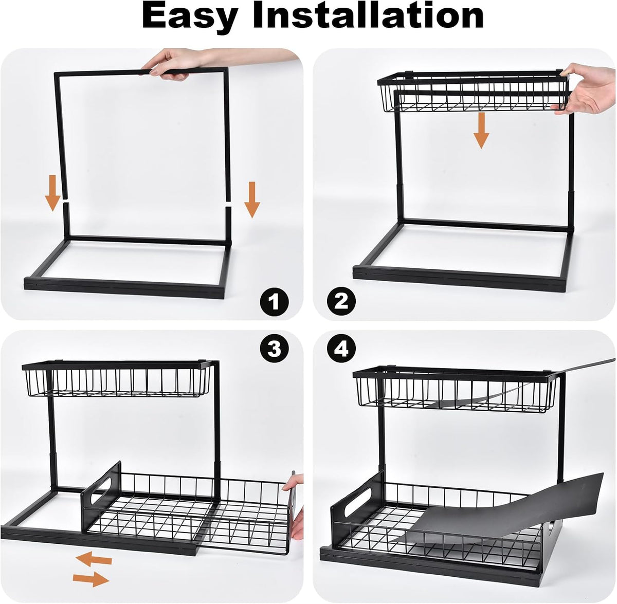 Under sink organizer, L-shaped pull out cabinet organizer, kitchen | 2 tier metal slide out shelf for kitchen, bathroom, laundry, and utility cabinet storage for deep cabinets, black, 1 pack - view 7