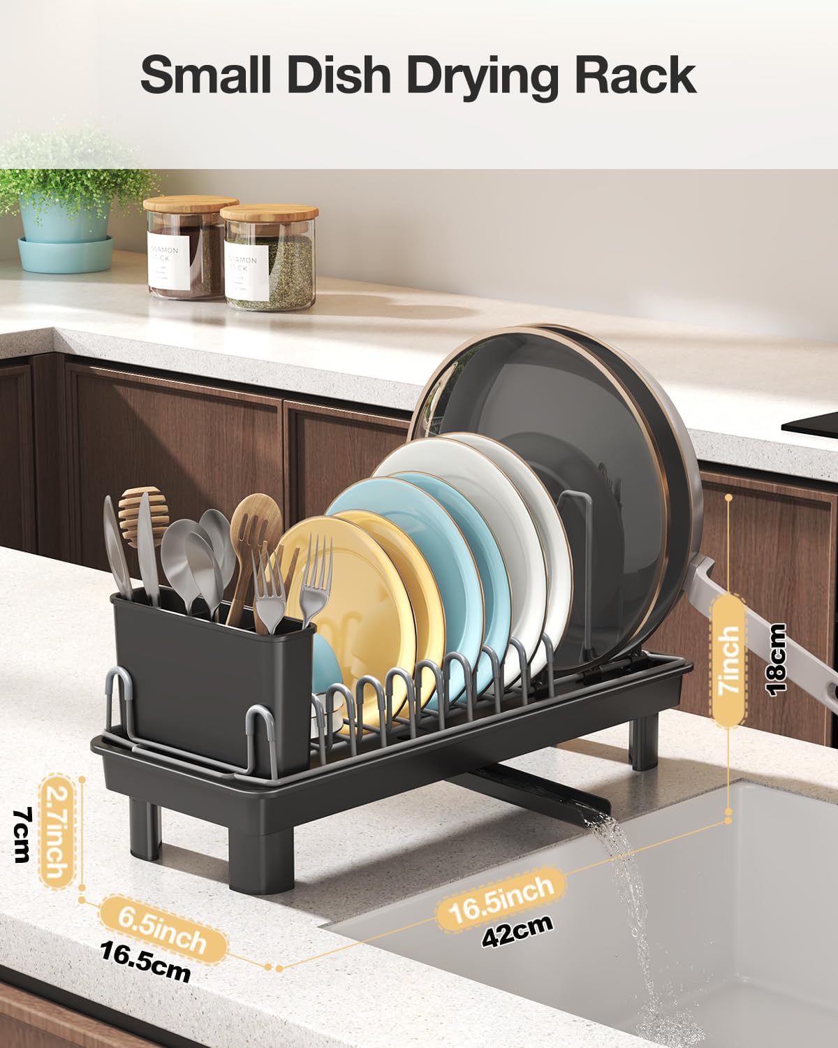 Small Dish Drying Rack with Drainboard, Compact for Kitchen Counter, Black | Rustproof carbon steel with rotating spout, adjustable slots, removable utensil caddy. Space-saving - view 2