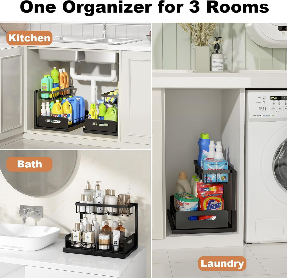 Under sink organizer, L-shaped pull out cabinet organizer, kitchen | 2 tier metal slide out shelf for kitchen, bathroom, laundry, and utility cabinet storage for deep cabinets, black, 1 pack - view 6