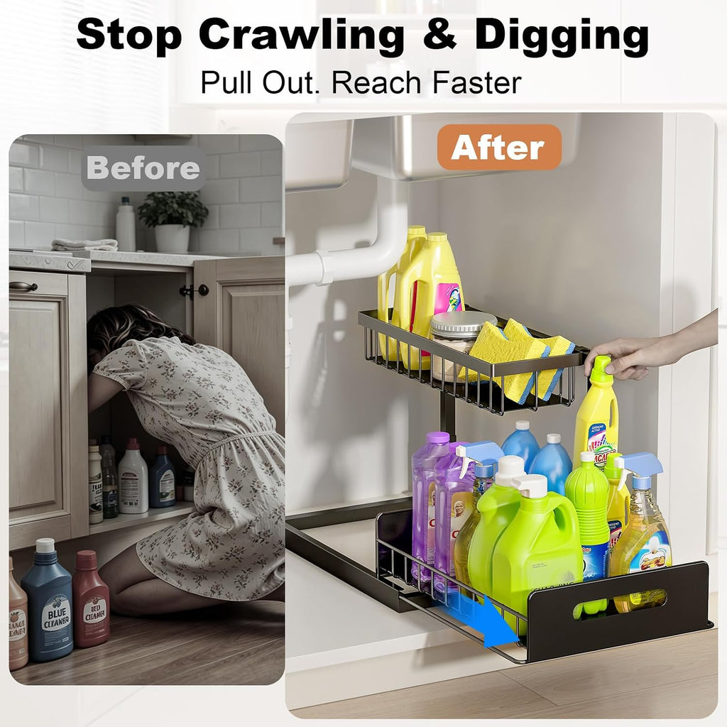 Under sink organizer, L-shaped pull out cabinet organizer, kitchen | 2 tier metal slide out shelf for kitchen, bathroom, laundry, and utility cabinet storage for deep cabinets, black, 1 pack - view 4