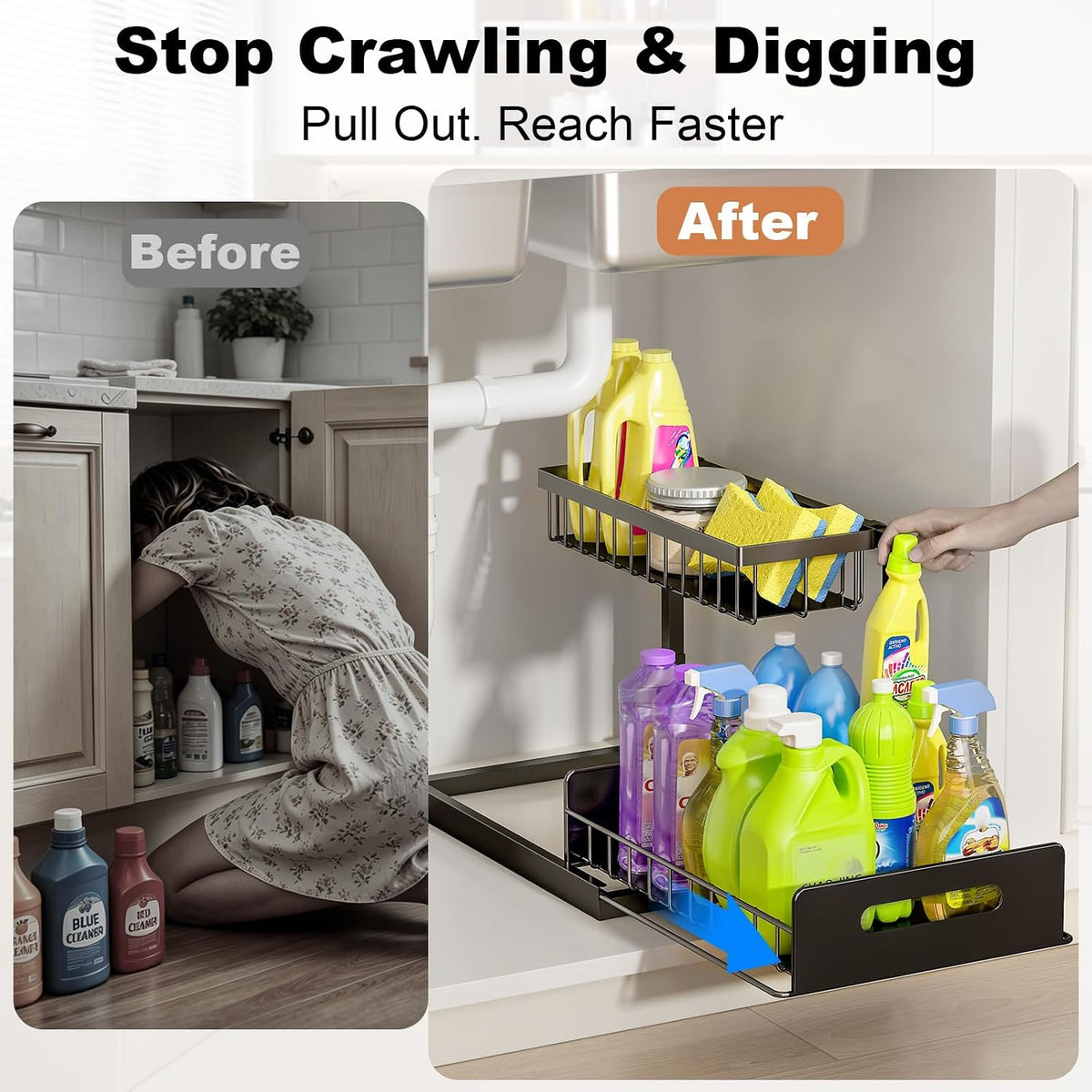 Under sink organizer, L-shaped pull out cabinet organizer, kitchen | 2 tier metal slide out shelf for kitchen, bathroom, laundry, and utility cabinet storage for deep cabinets, black, 1 pack - view 4