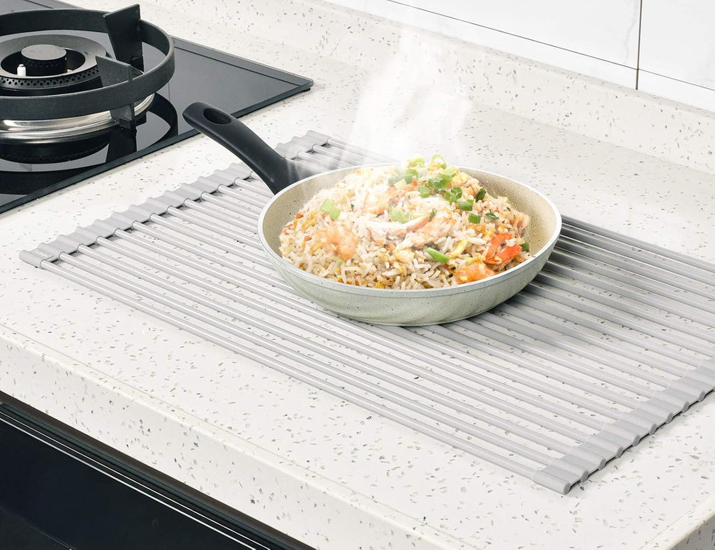 20.5 x 13.1 Inch Roll-Up Dish Drying Rack, Fits Across Sink Openings up to 19.5 Inches, Heavy-Duty Premium Silicone, Strong Support, Non-Slip, Heat-Resistant, Warm Gray - view 8