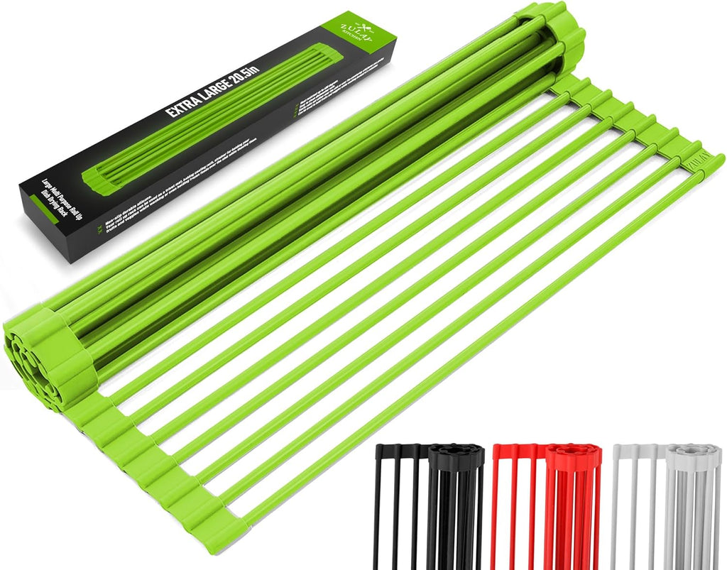 Zulay Kitchen Large Roll Up Dish Drying Rack - Heavy Duty Silicone Wrapped Steel Rods Over Sink Dish Drying Rack - Versatile Roll Up Sink Drying Rack & Trivet - Green,20.5 inches x 13 inches