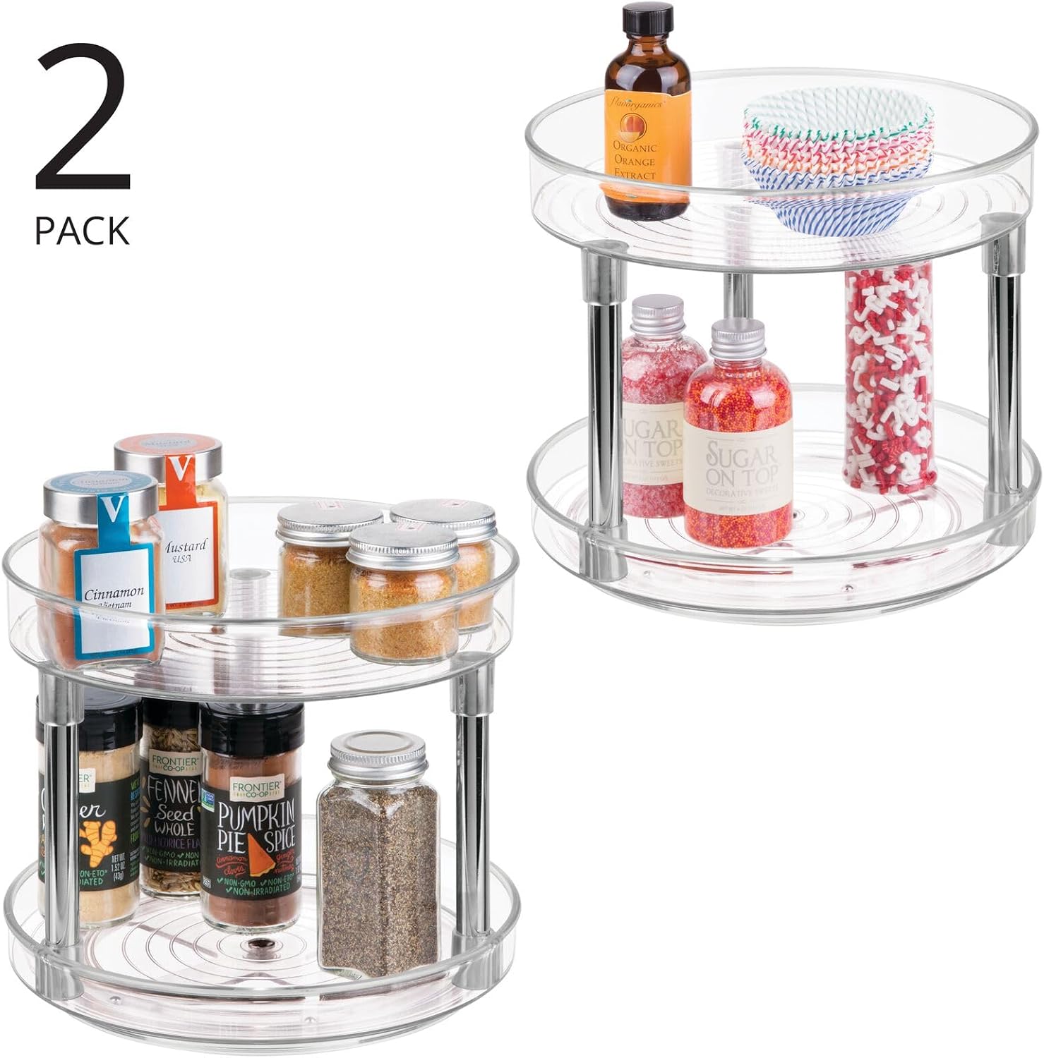 2-tier lazy susan turntable for kitchen cabinets, shelf, table, countertop, 9" multi level rotating organizer carousel, storage turntable organizer, 2 pack, clear/chrome - view 2
