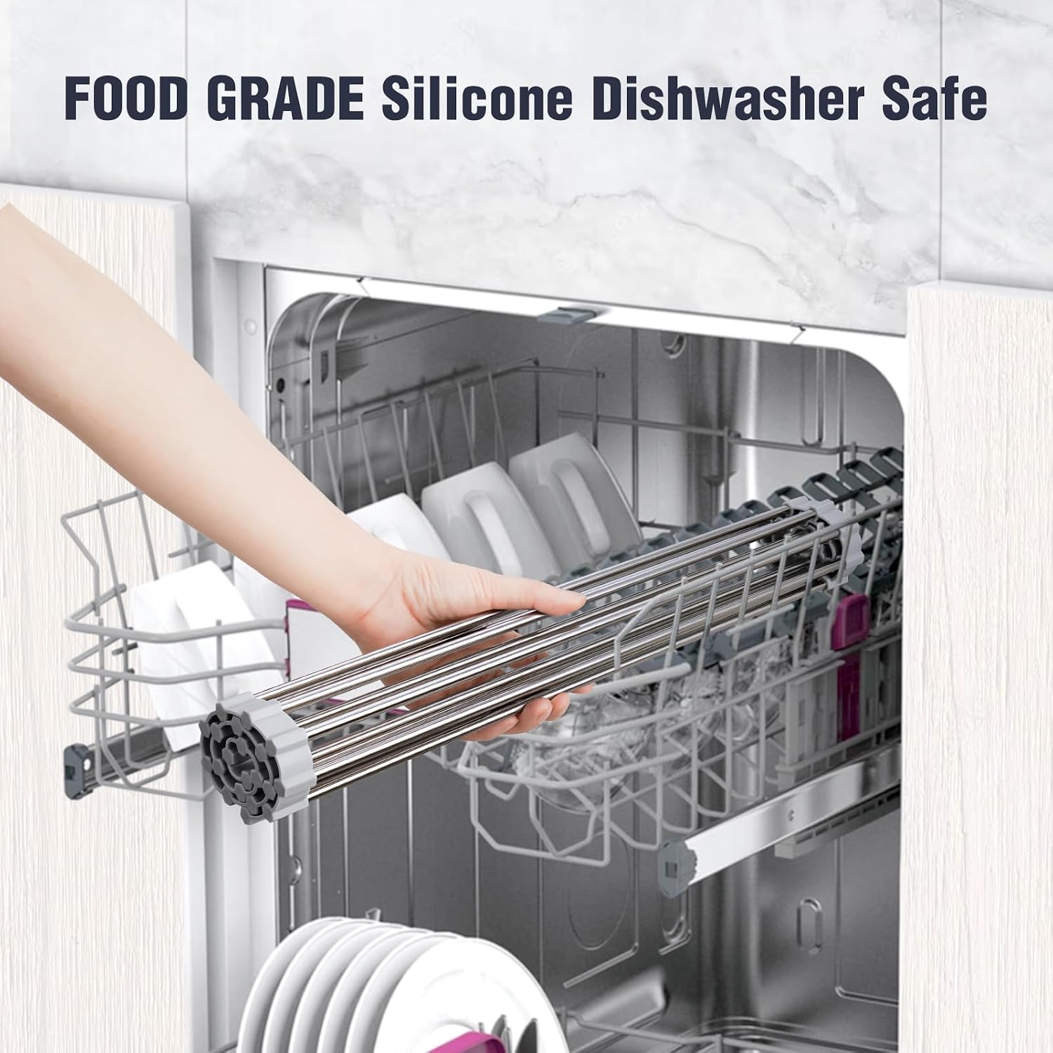 17.7" x 15.5" Roll Up Dish Drying Rack Over Sink Drying Rack Sink Cover Kitchen Sink Accessories Gadget Multipurpose Organizer Foldable Stainless Steel Drainer (Grey) | Anti-Slip Silicone Rims For Grip, Heat-Resistant Trivet Mat Holding Heavy Cookware, Ru - view 7