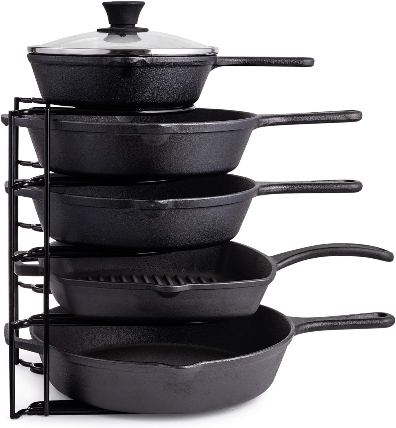 Pan Organizer for Cast Iron Skillets, Griddles, 5-Tier Rack, Black 12.2"